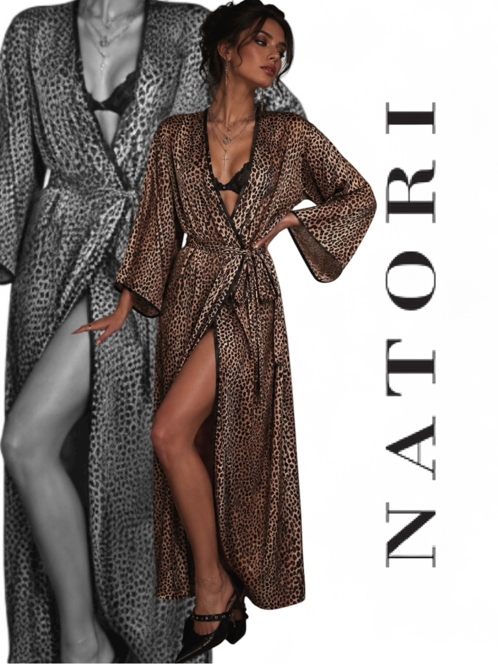 Vintage  Natori Leopard Satin Robe Maxi Lounge Kimono Luxury One Size Duster